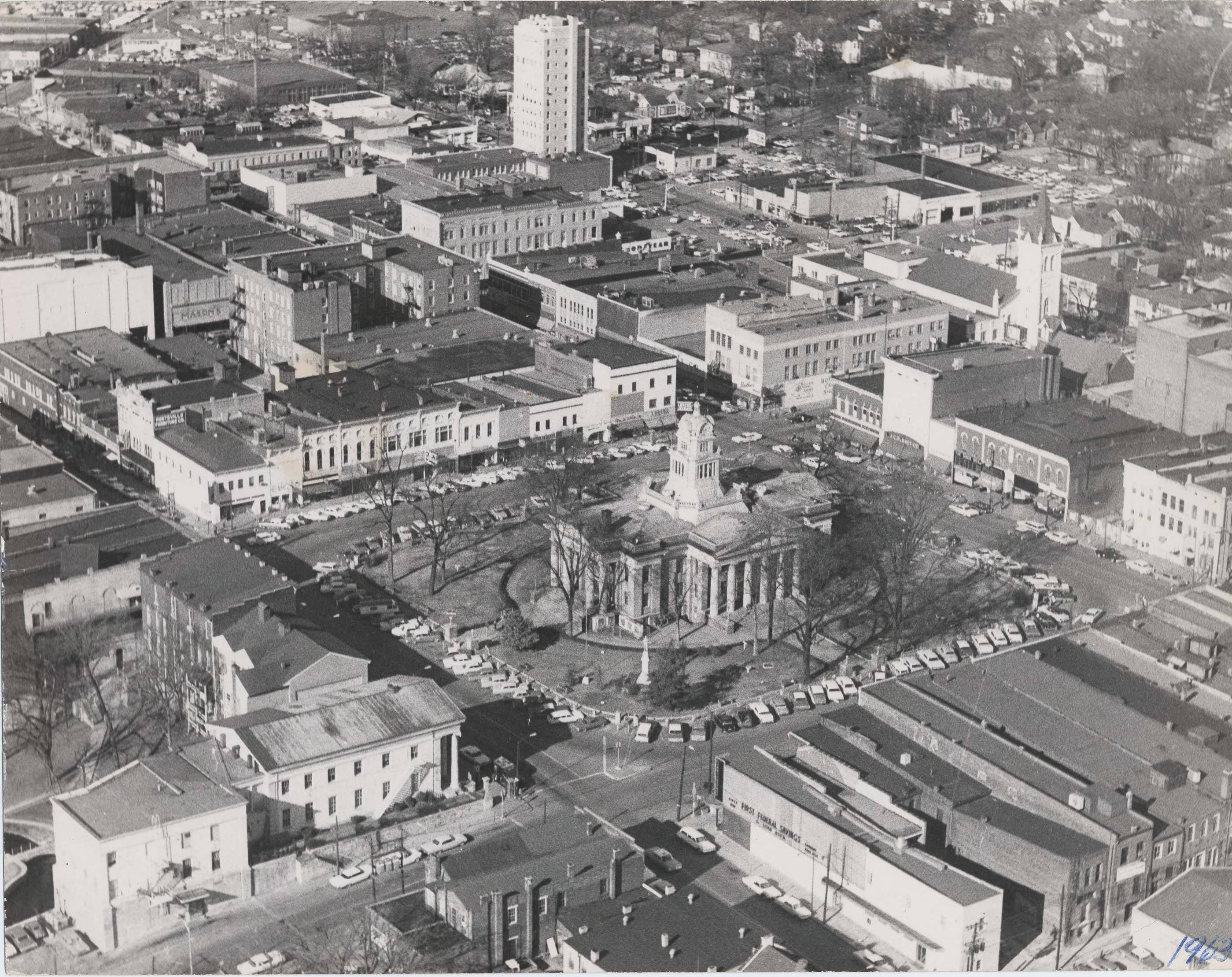 An aerial photograph of the Madison County Courthouse, taken in 1963.