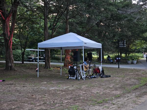 A solo musician plays guitar and sings beneath a white canopy tent at Huntsville Botanical Garden. Surrounded by tall trees and garden pathways, the performer provides live music for guests relaxing throughout the garden during the evening.