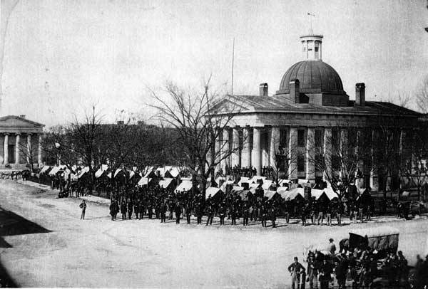 A black-and-white photograph of the Madison County Courthouse taken in 1864.