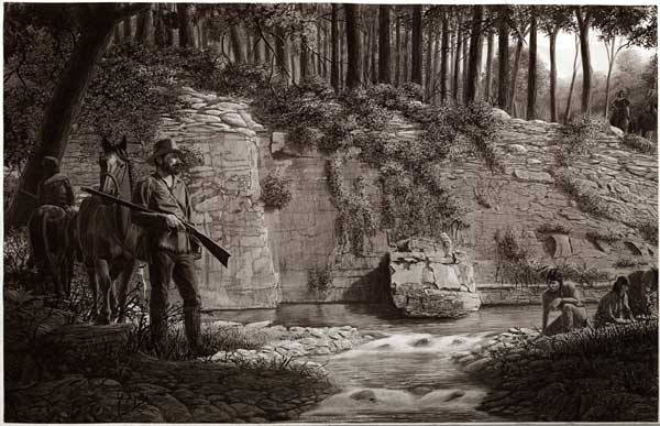 An old illustration of Huntsville founder John Hunt at Big Spring.