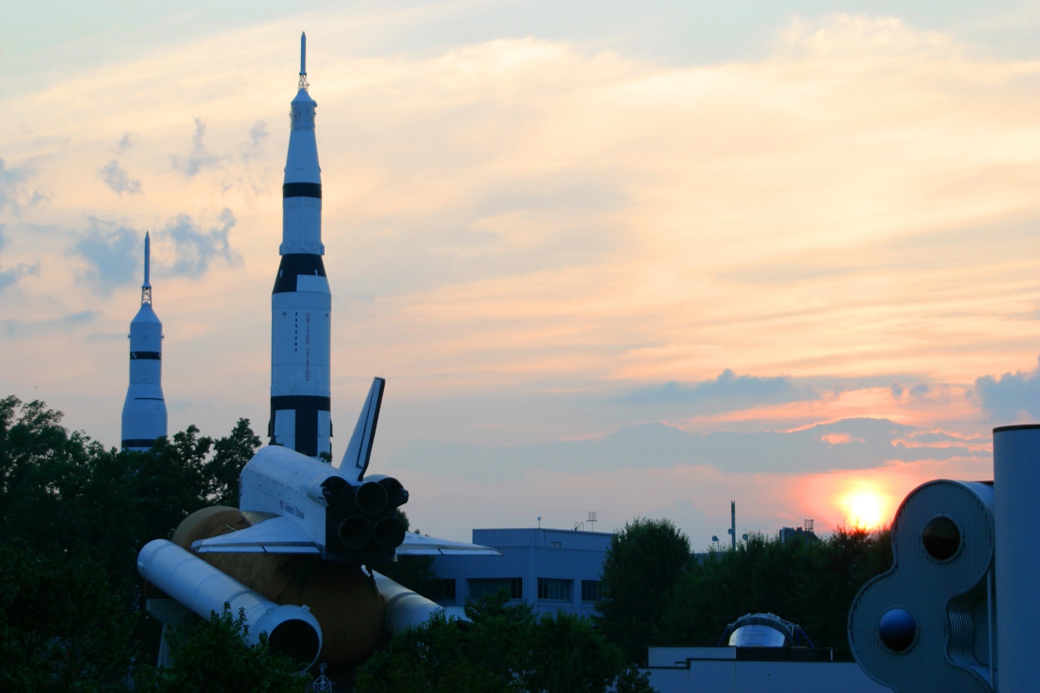 The Saturn V Moon Rocket and Space Shuttle displays at the U.S. Space & Rocket Center