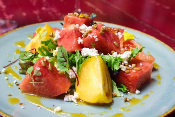 A watermelon and golden tomato salad from Restaurant Week in Huntsville, AL.