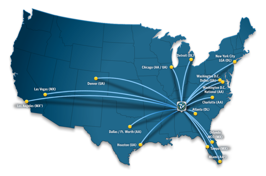 Map of the U.S. shows flight paths to Huntsville from major cities like New York and Los Angeles, with white lines indicating routes and yellow dots marking destinations.